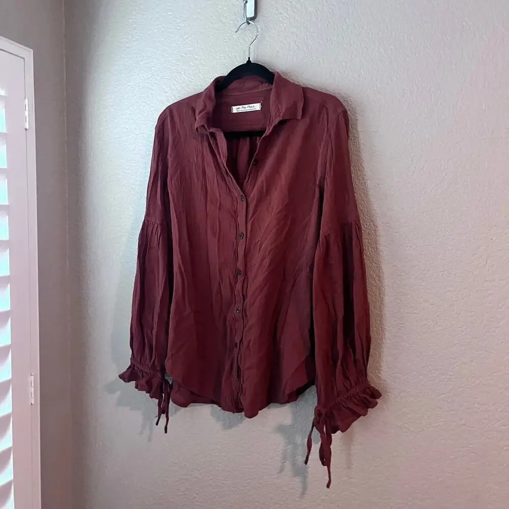We the Free Free People Rust Orange Long Sleeve Boho Blouse Small